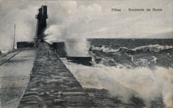 Postcard Baltijsk Pillau East Prussia, North Mole, Storm, Lighthouse