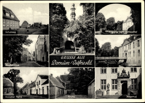 Ak Dornum Ostfriesland, Schulweg, Kirchstraße, Schlosshof, Accumer Reihe, Kirche
