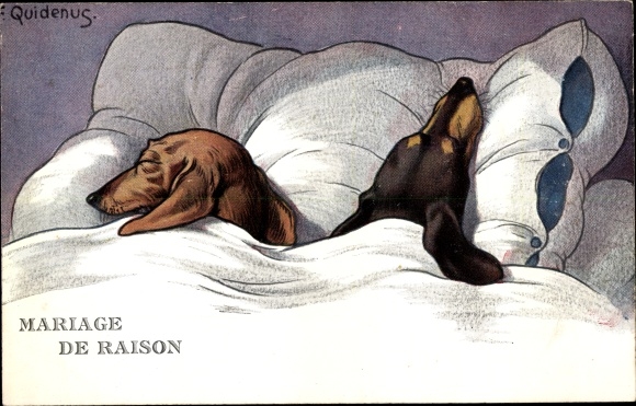 Kunstenaar Ak Quidenus, Fritz, schijnhuwelijk, teckel in bed