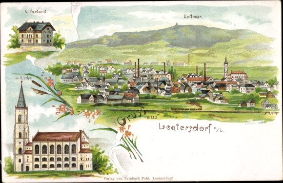 Litho Leutersdorf Oberlausitz, kerk, postkantoor, panorama met Kottmar
