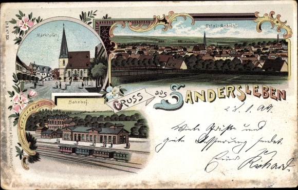 Litho Sandersleben in Anhalt, marktplein, treinstation, overzicht