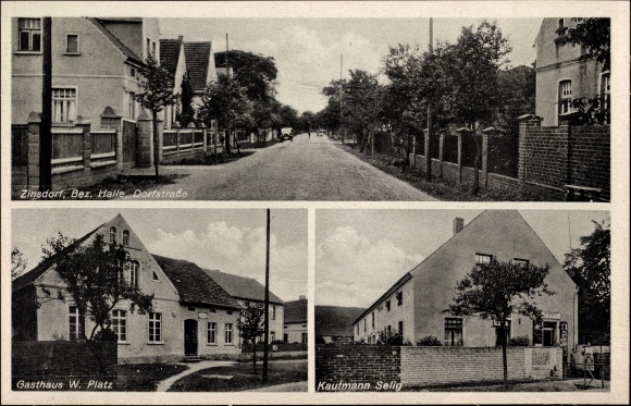 Postcard Zinsdorf Uebigau Wahrenbrück, Inn W. Platz, Dorfstrasse, Kaufmann Selig