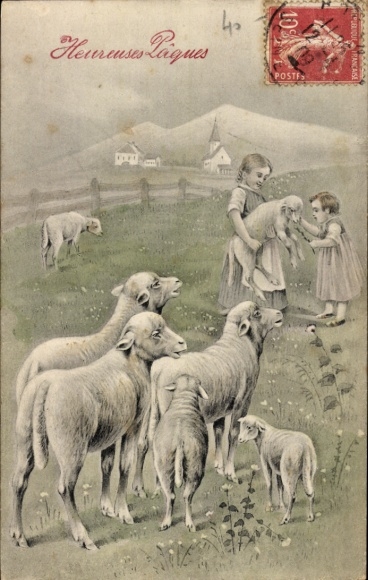 Künstler Ak Glückwunsch Ostern, Schafe, Kinder