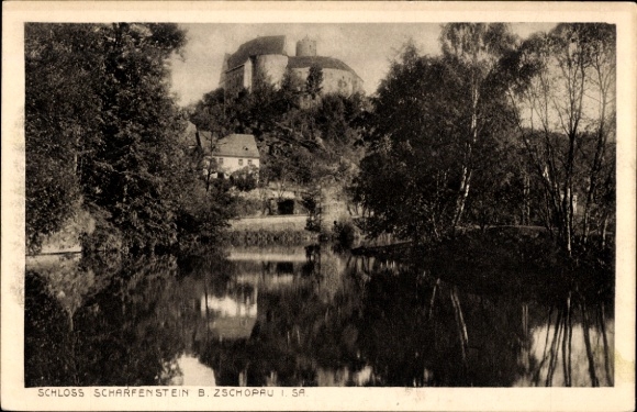 Ak Scharfenstein Drebach bei Zschopau Sachsen, Schloss mit Teichanlage