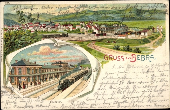 Litho Bebra an der Fulda in Hessen, Totalansicht der Ortschaft, Bahnhof, Gleisseite, Dampflok
