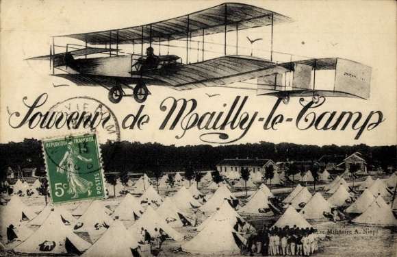Postcard Mailly le Camp Aube, soldiers' camp, tents, aircraft