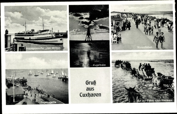 Postcard Duhnen Cuxhaven in Niedersachsen, Kugelbake, Steamer Jan Molsen, Strandleben, Wattfahrt