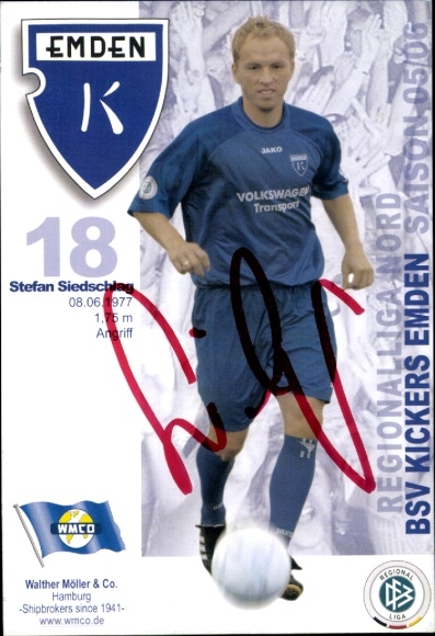Autogrammkarte Fußballer Stefan Siedschlag, BSV Kickers Emden, Autogramm