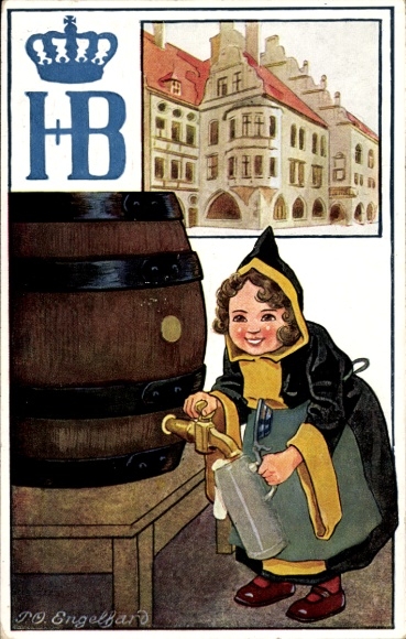 Artist Postcard Engelhard, PO, Munich Hofbräuhaus, HB Hofbräu advertising, Kindl, beer barrel, beer mug
