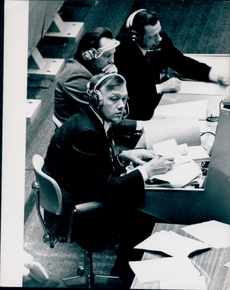 Photo Soyuz-Apollo program 1975, training in the flight control center, cosmonaut Alexei Eliseyev