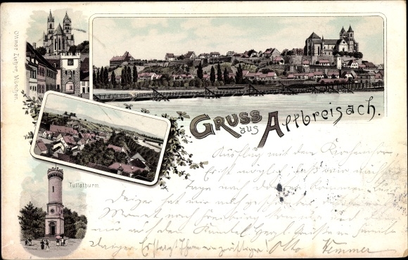 Chromo-Litho Alt Breisach am Oberrhein, old town panorama, Tulla Tower, partial view