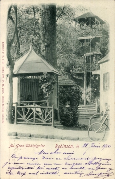 Postcard Robinson Hauts de Seine, landscape with wooden houses, bicycle, plants, tree houses