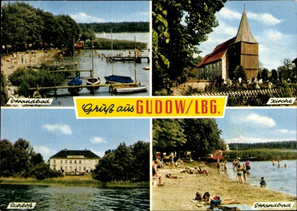 Postcard Gudow in Lauenburg, beach, church, castle