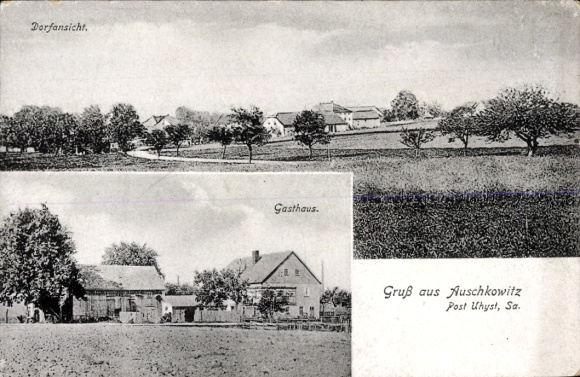 Postcard Auschkowitz Burkau in Saxony, village view, guesthouse