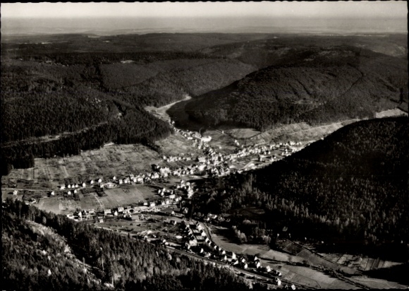Postcard Calmbach Bad Wildbad in the Black Forest, aerial photograph of a village surrounded by forest, atmosphere