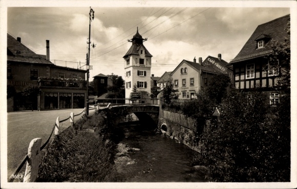 Postcard Wurzbach in Thuringia, city view, bridge, tower, building