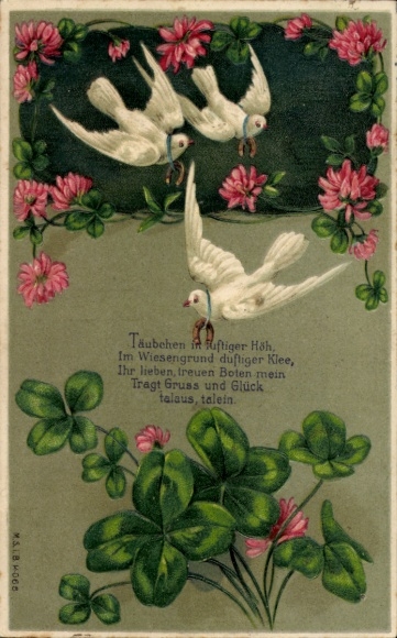 Präge Ak Tauben, Glücksklee, Blumen, Kitsch