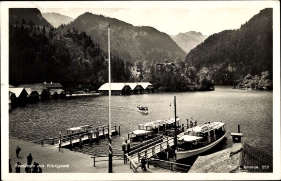 Postcard Königsee Königssee Upper Bavaria, lake landscape, mountain view, wooden boats, pier