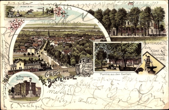 Chromo-Litho Buxtehude in Lower Saxony, building trade school, station hotel