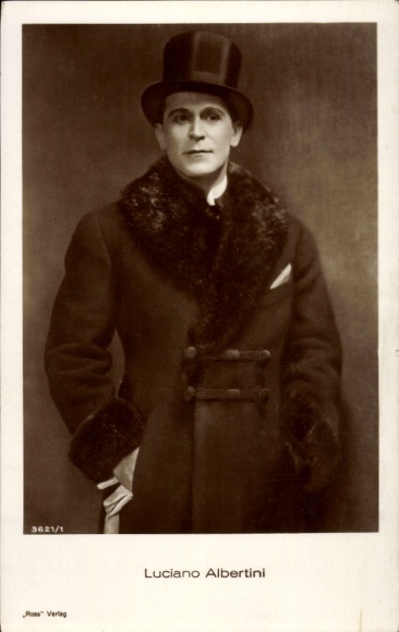 Postcard actor Luciano Albertini, portrait, Ross Verlag 3621/1, top hat, coat