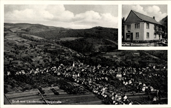 Ak Laudenbach an der Bergstraße, Fliegeraufnahme, Kaffee Zimmermann