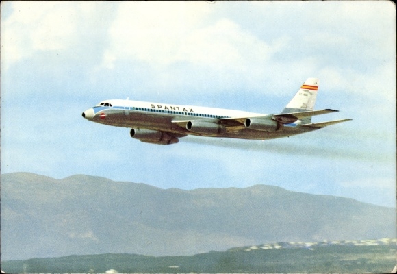 Postcard Spanish passenger aircraft of Spantax, Convair CV 990 A Coronado