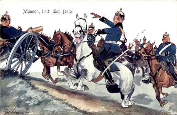 Artist Postcard Man hold on tight, cavalrymen and gunners