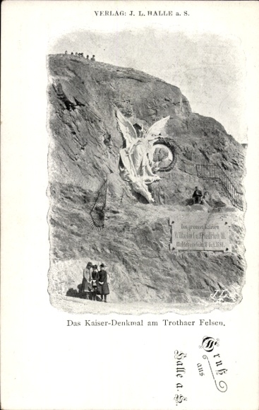 Postcard Halle an der Saale, Kaiserdenkmal at the Trothaer Felsen