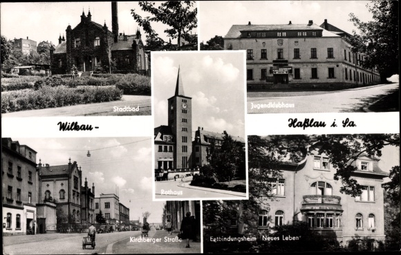 Postcard Wilkau Hasslau in Saxony, Stadtbad, youth club, Kirchberger Strasse, maternity home