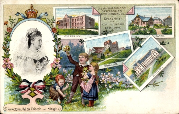 Embossed Chromo-Litho Orphanages of the German War Veterans Association, Osnabrück, Canth, Wittlich, Römhild, Kaiserin