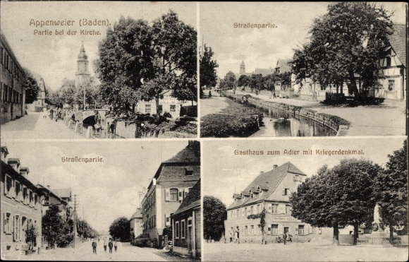 Ak Appenweier, Partie an der Kirche, Gasthaus zum Adler und Kriegerdenkmal