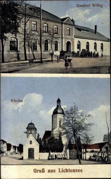 Ak Lichtensee Wülknitz Sachsen, Kirche, Gasthof Wittig
