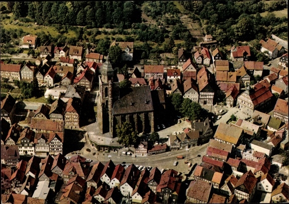 Postcard Homberg an der Efze Hessen, aerial view with church
