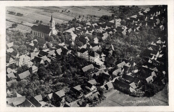 Postcard Urloffen Appenweier in Baden Black Forest, aerial view of Urloffen, church visible, rural