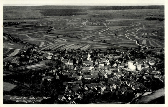 Postcard Sand (near Kehl am Rhein) Willstätt in Baden, aerial view of Willstaett, fields in the background