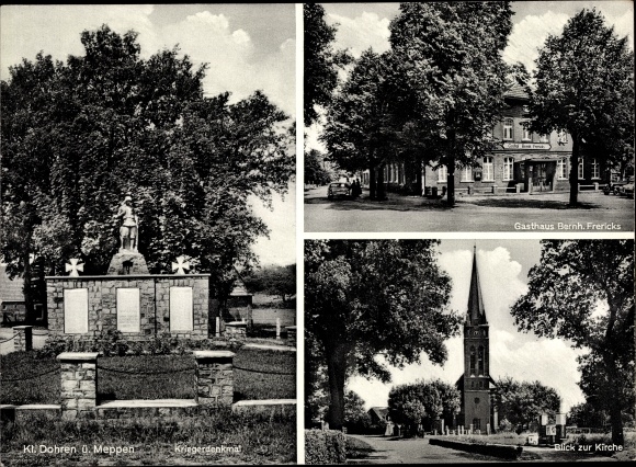 Postcard Klein Döhren Liebenburg am Harz, inn and department store, war memorial, church