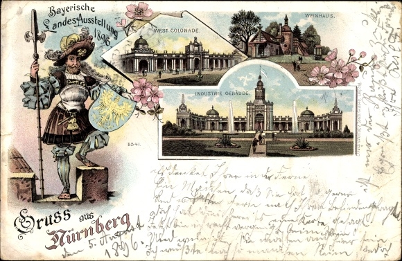 Chromo-Litho Nuremberg in Middle Franconia Bavaria, state exhibition 1896, industrial building, city guard