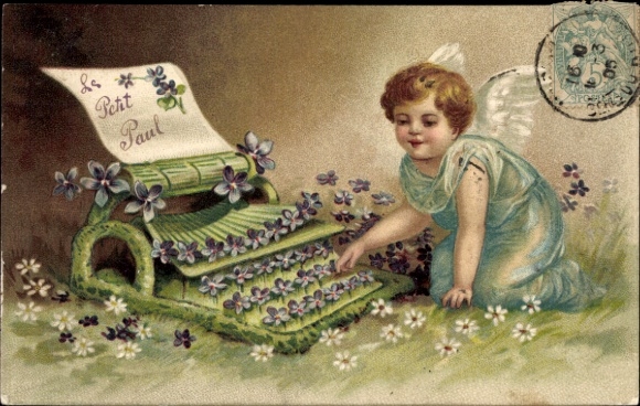 Embossed Chromo-Litho Angel with Typewriter, Violet