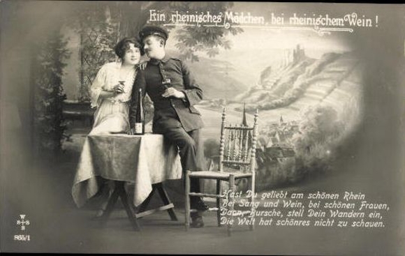 Set of 6 AK lovers drinking wine at the dining table/a Rhenish girl, with Rhenish wine!