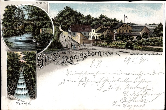 Postcard Finthen Mainz in Rhineland-Palatinate, restaurant and brewery Königsborn, pond, waterfall