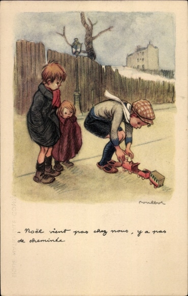 Artist Postcard Poulbot, Francisque, Boys with toy train, Ligue Nationale contre le Taudis