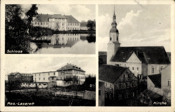 Ak Königswartha in Oberlausitz, kasteel, kerk, reserveziekenhuis