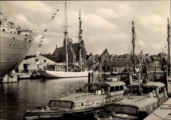Postcard Hanseatic City of Wismar, harbor view with ships, architecture, water, clouds
