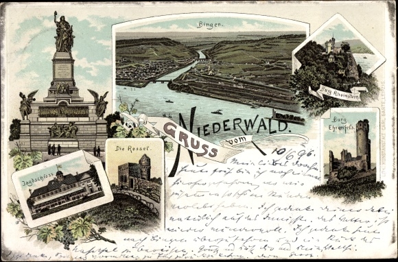 Chromo-Litho Rüdesheim am Rhein in Hesse, Rheinstein Castle, Rossel, Niederwald Monument
