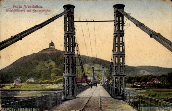 Postcard Porta Westfalica on the Weser, Wittekindsberg, Chain Bridge, Kaiser Wilhelm Memorial