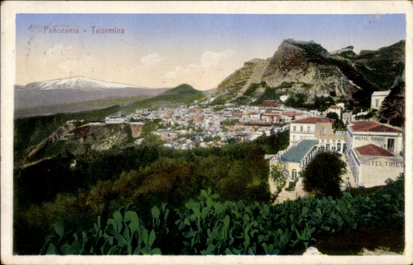 Ak Taormina Sicilia, Blick auf  Panorama, Hotel Tihied, Hotel Timeo