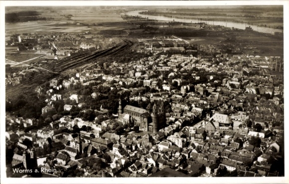 Postcard Worms am Rhein, aerial view of the Rhine, cityscape, churches, landscape
