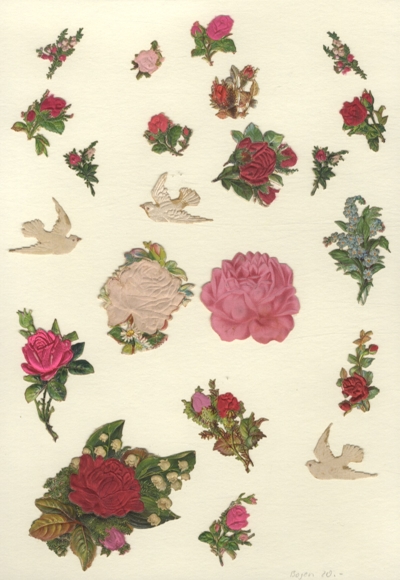 22 wafers silk roses, white doves, approx. 8 x 10 cm to 2 x 2 cm