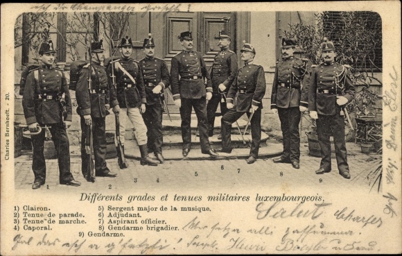KP Luxemburg, Differents grades et tenues militaire luxemburgeois, Clairon, adiutant, żandarm