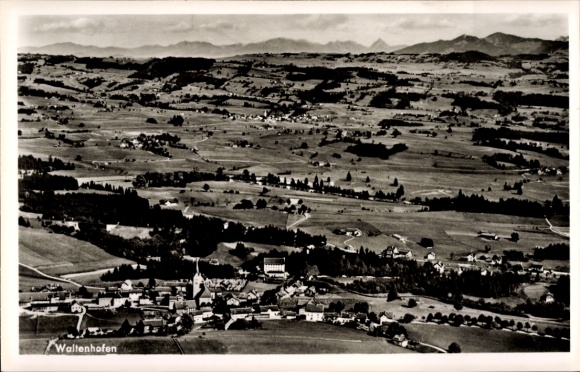 Postcard Waltenhofen in the Oberallgäu, landscape shot of mountain range in the background, architecture